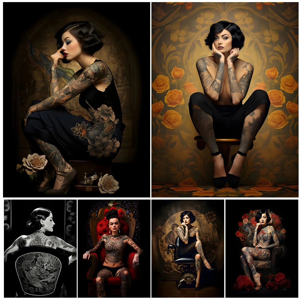 

Tattooed Mexican Woman Vintage Wall Art Print Gothic Dark Academia Tattoo Lover Art Poster And Print For Living Room Decoration