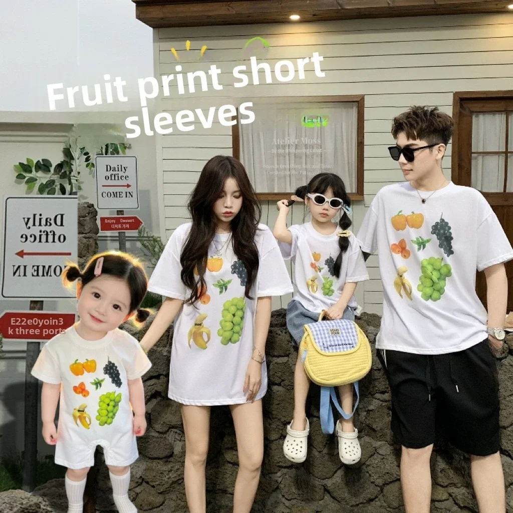 2026 Summer Family Matching Outfits Fruit Print T-Shirts Mommy and Me Tees Dad & Kid Casual Tops for Vacation Photoshoot Rompers