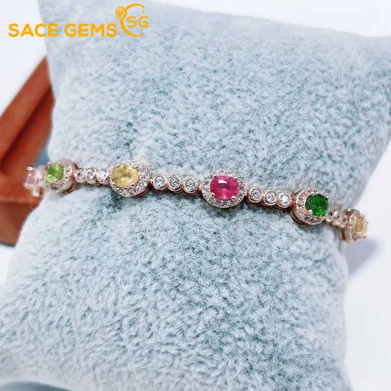 SACE GEMS Luxury 925 Sterling Silver 4*5MM Natual Tourmaline Gemstone Bracelrts for Women Engagement Cocktail Party Fine Jewelry