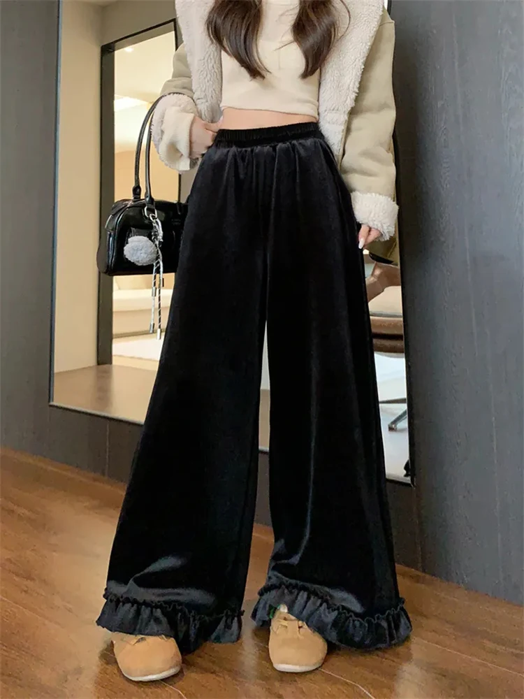 Black Ruffled Women Pants High Waist Loose Casual Plush Warm Wide Leg Trouser Female Sweet Autumn Winter Office Lady Pants New