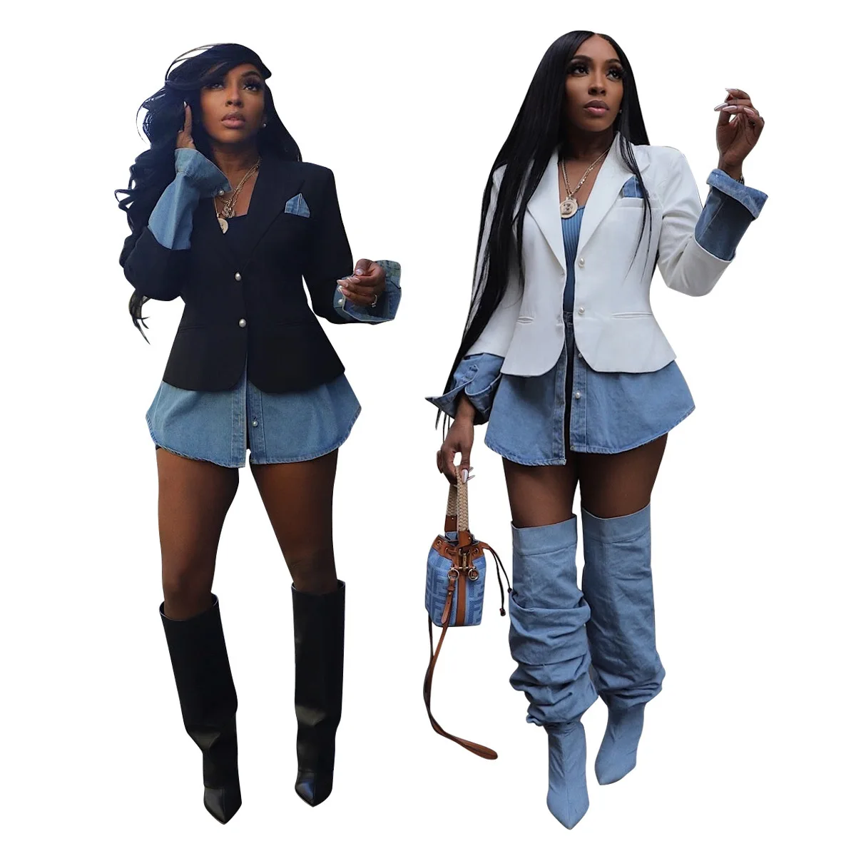 

D8749 New European and American Fashion Casual Women's Clothing Splicing Cowboy Suit Coat