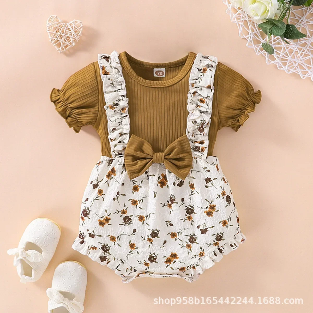 Summer Ins Wind Fart Coat Baby Short-sleeved Class A Onesie Floral Fake Two-piece Triangle Climbing Suit Moldai Jersey