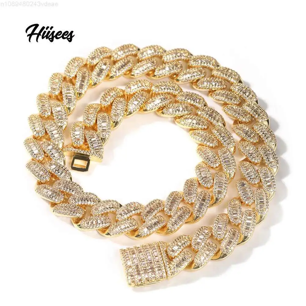 

Hip Hop Gold 15mm Miami Cuban Link Chain baguette Zircon Paved Thick Iced Out Copper Necklace Women Men Jewelry