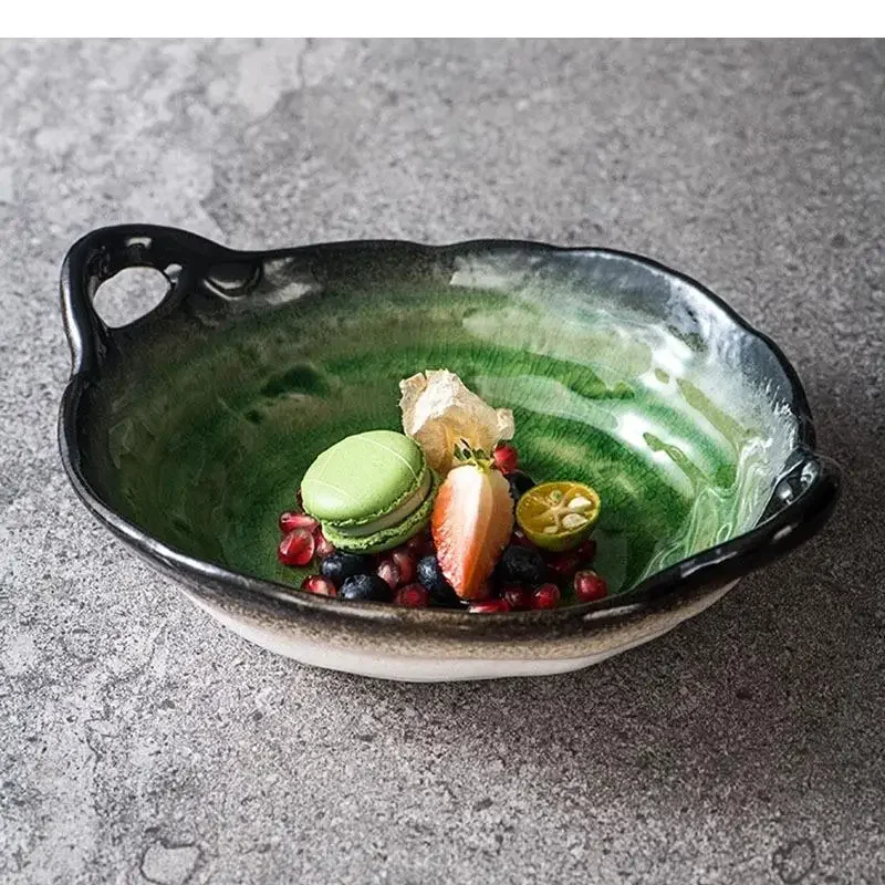 Retro Ceramic Double Ear Plate Fruit Salad Thick Soup Dessert Plates Pasta Specialty Tableware