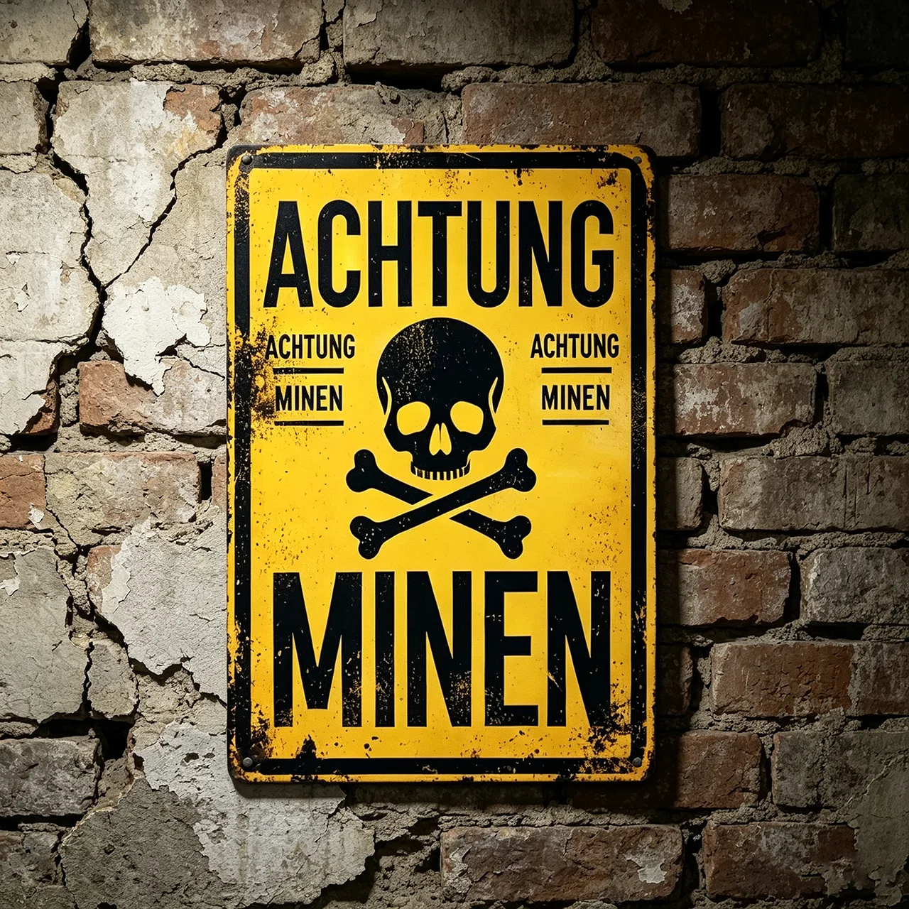 ''Achtung Minen''  Metal Tin Sign - Distressed Yellow & Black, HD Printed Skull and Crossbones Design - Easy to Hang, Durable Dec