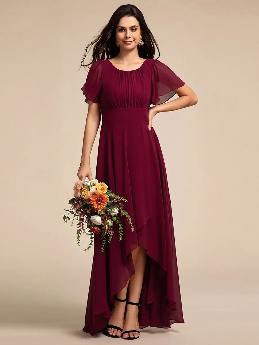 

Elegant Evening Dresses Round Neck Ruffles Sleeve Asymmetrical Hem 2025 Ever Pretty of Chiffon Burgundy Bridesmaid dress