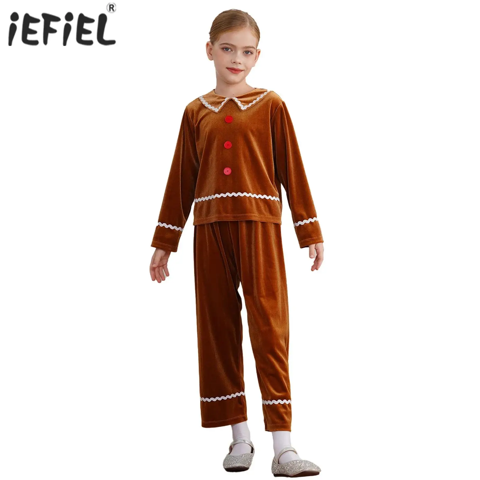 Disfraz de hombre de jengibre de Navidad para niños, traje de elfos de pan de jengibre de terciopelo, conjunto de Top y pantalones de manga larga, vestido de Cosplay de Halloween