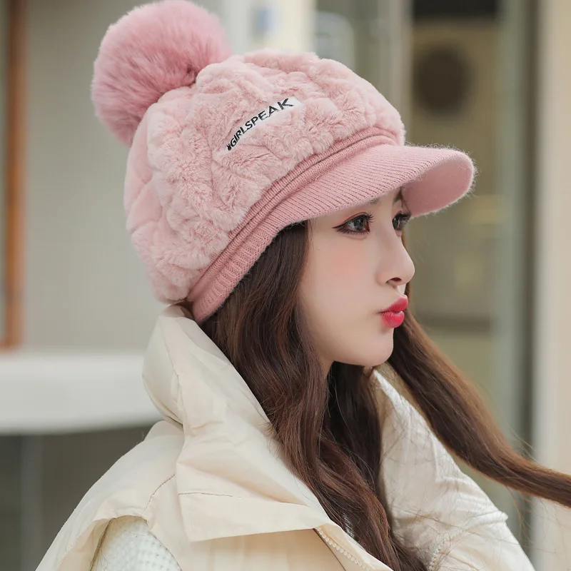 Autumn and winter new women\'s hats fashion wild plush warm duck tongue hat cute hairball cold protective ear cap