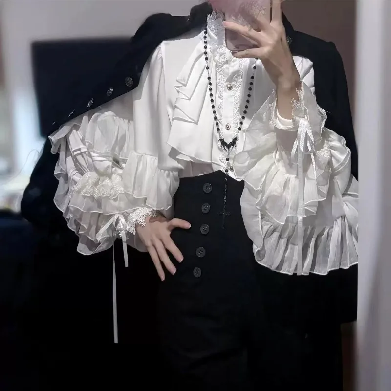 Deeptown y2k estética branca lolita blusas femininas preto vintage babados lanterna manga japonês estilo kawaii camisas jk solto