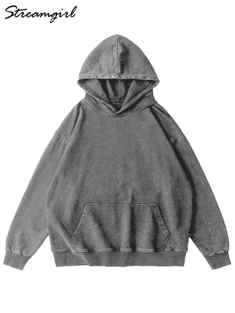 Streamgirl Black Oversized Hoodies Women Vintage Streetwear Autumn Loose Gray Washed Hoodies For Women Sweatshirts With Pocket