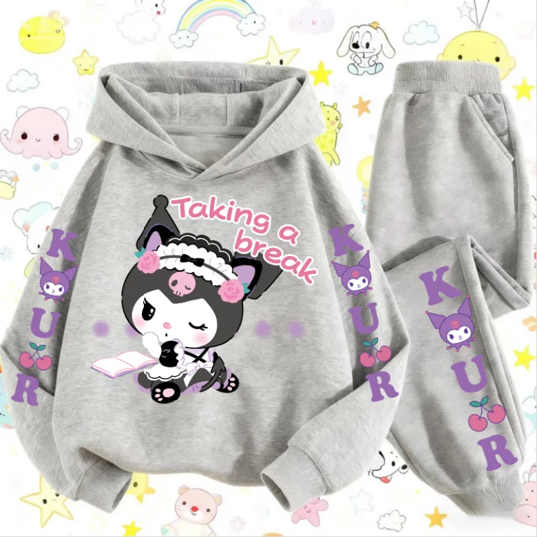 산리오 쿠로미 소녀들을 위한 패셔너블하고 편안한 야외 스포츠 후드티 & 캐주얼 바지 남녀 공용 가을 및 겨울용