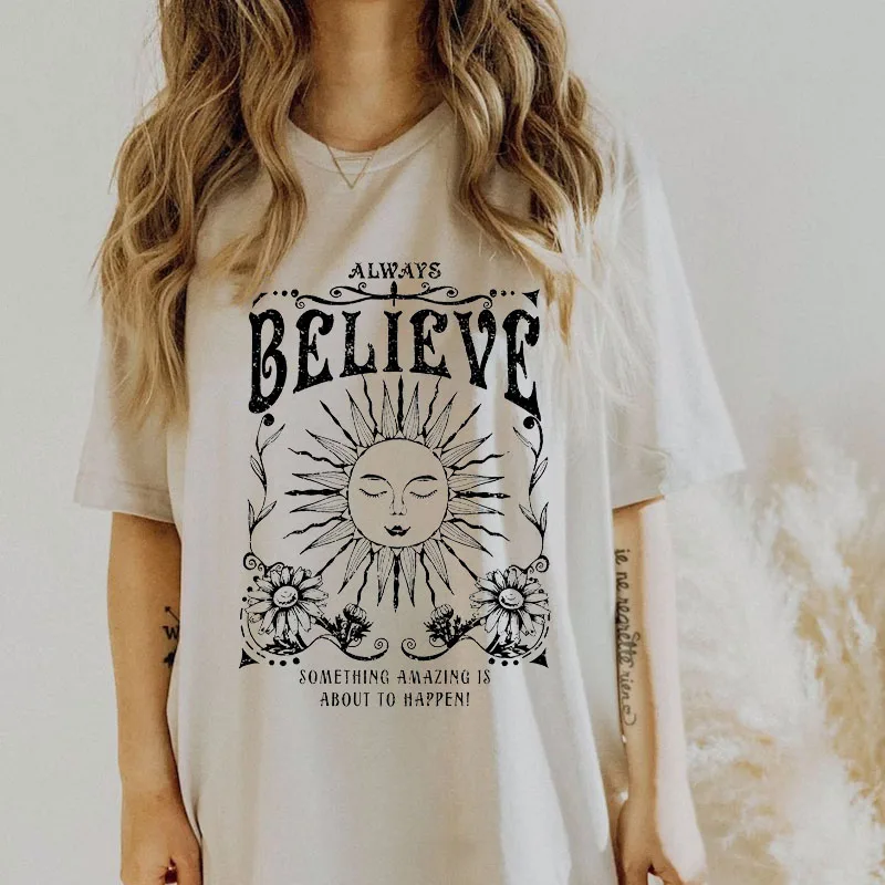 Vintage Witch Tee Shirt Always Believe Women Oversized Inspirational T Shirt Retro Celestial Mystical T-Shirts Hippie Boho Tops