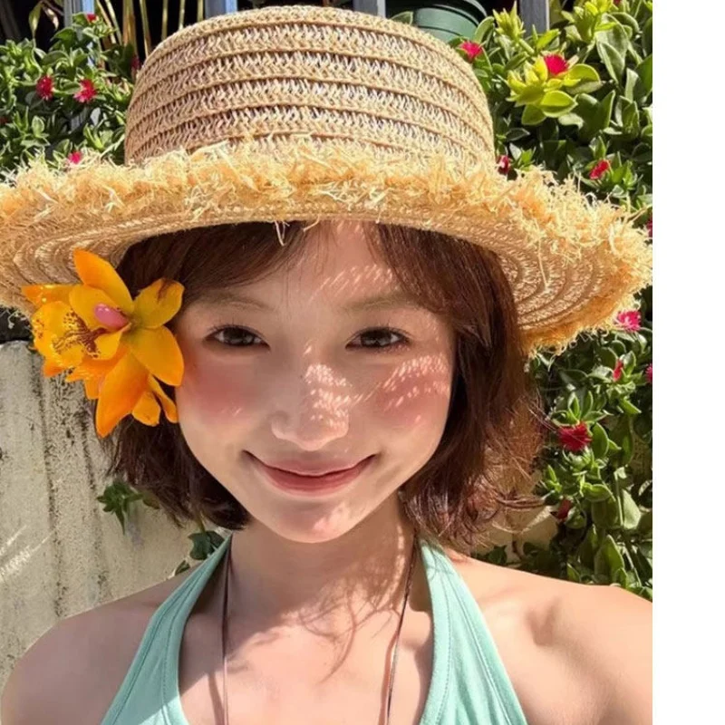 

Rural Style False Hollow Flat Top Haired Straw Hat Women's Summer French Beach Sunshade Hat Sun Hat