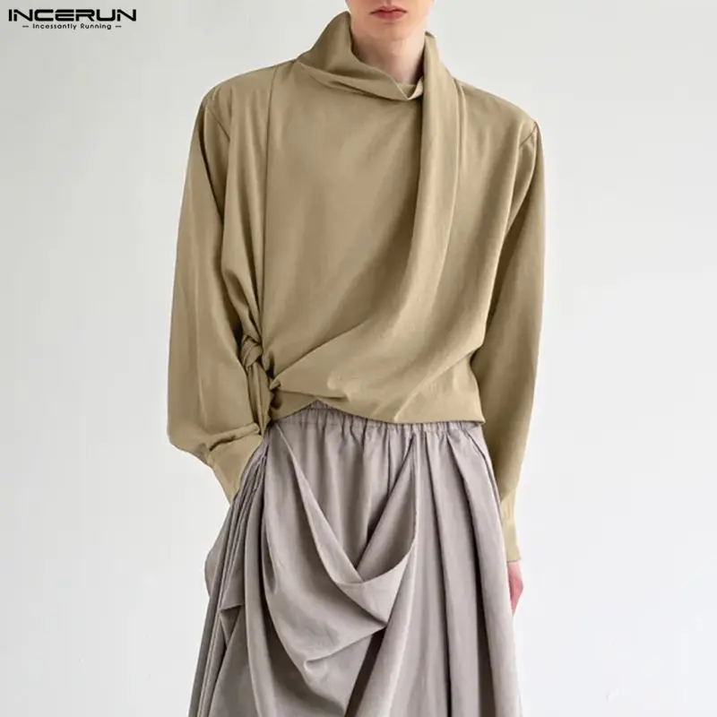 

INCERUN Men Irregular Shirt Solid Color Turtleneck Long Sleeve Casual Men Clothing Streetwear Loose 2025 Fashion Male Shirts