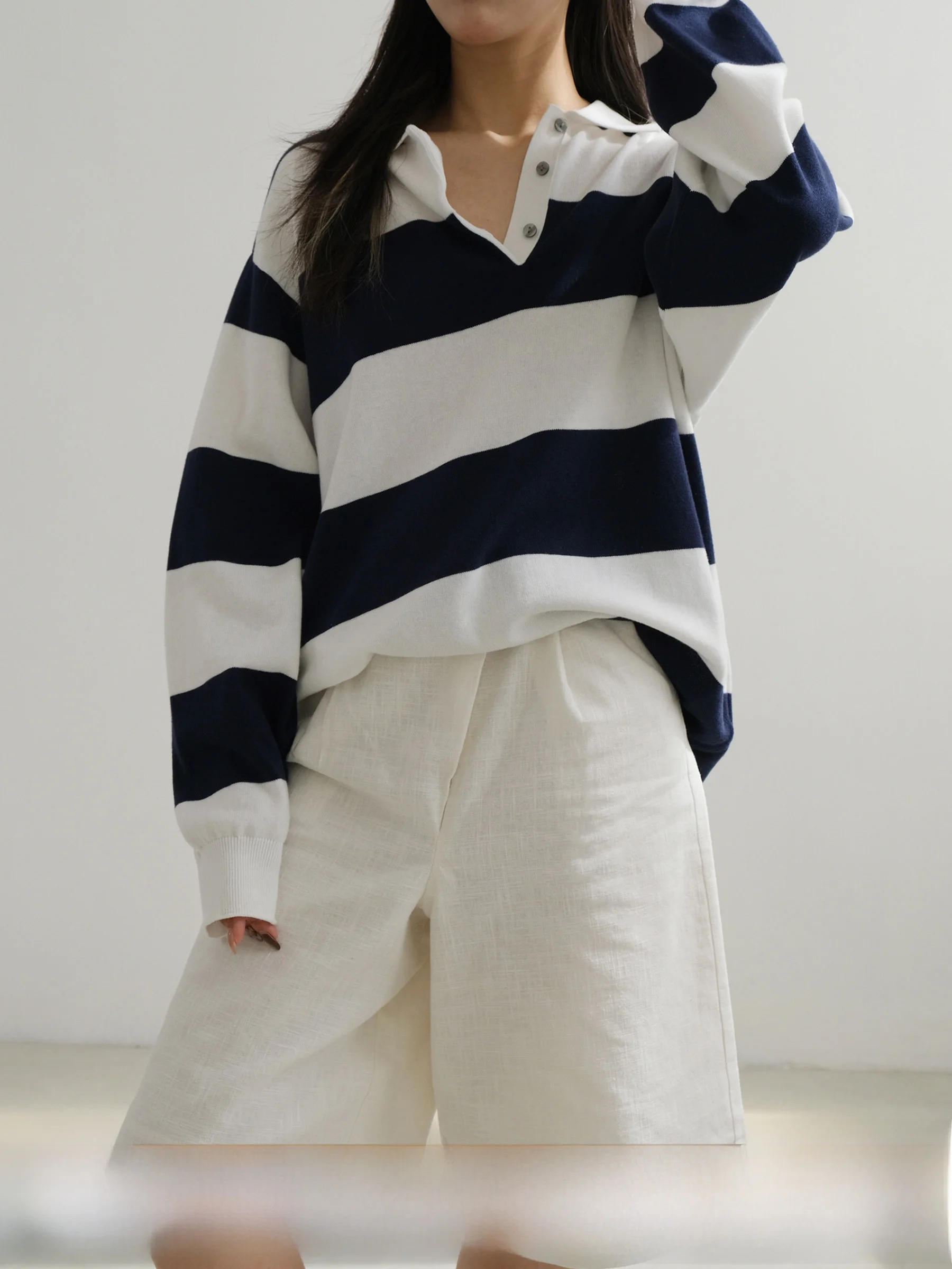 

Весенний модный свободный вязаный свитер с широкими полосками, повседневный удобный женский хлопковый лонгслив для работы и отдыха