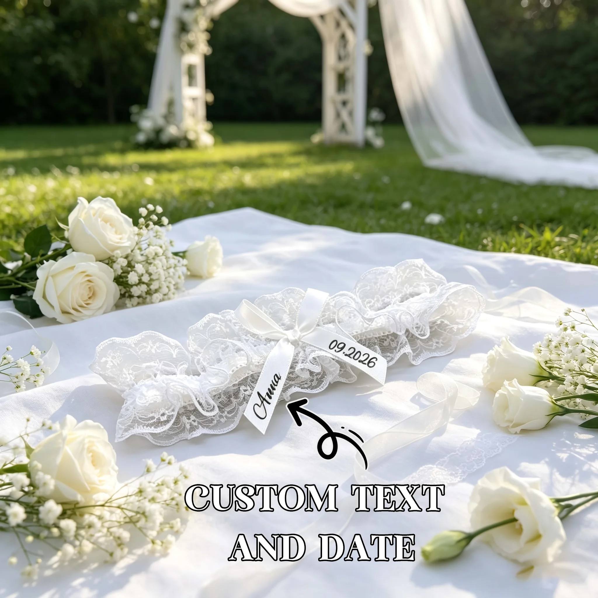 1 Piece of Wedding Customizable Name and Date Garter, White Lace Bridal Garter Decoration, Suitable for Weddings, Parties, and Other Occasions