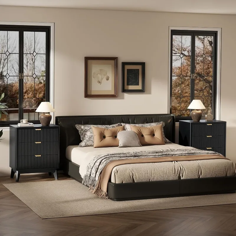 플루티드 나이트스탠드 3서랍 드레서, 모던 우드 침대 옆 테이블 곡선형 프로파일, 플루티드 드레서 & 우드 서랍