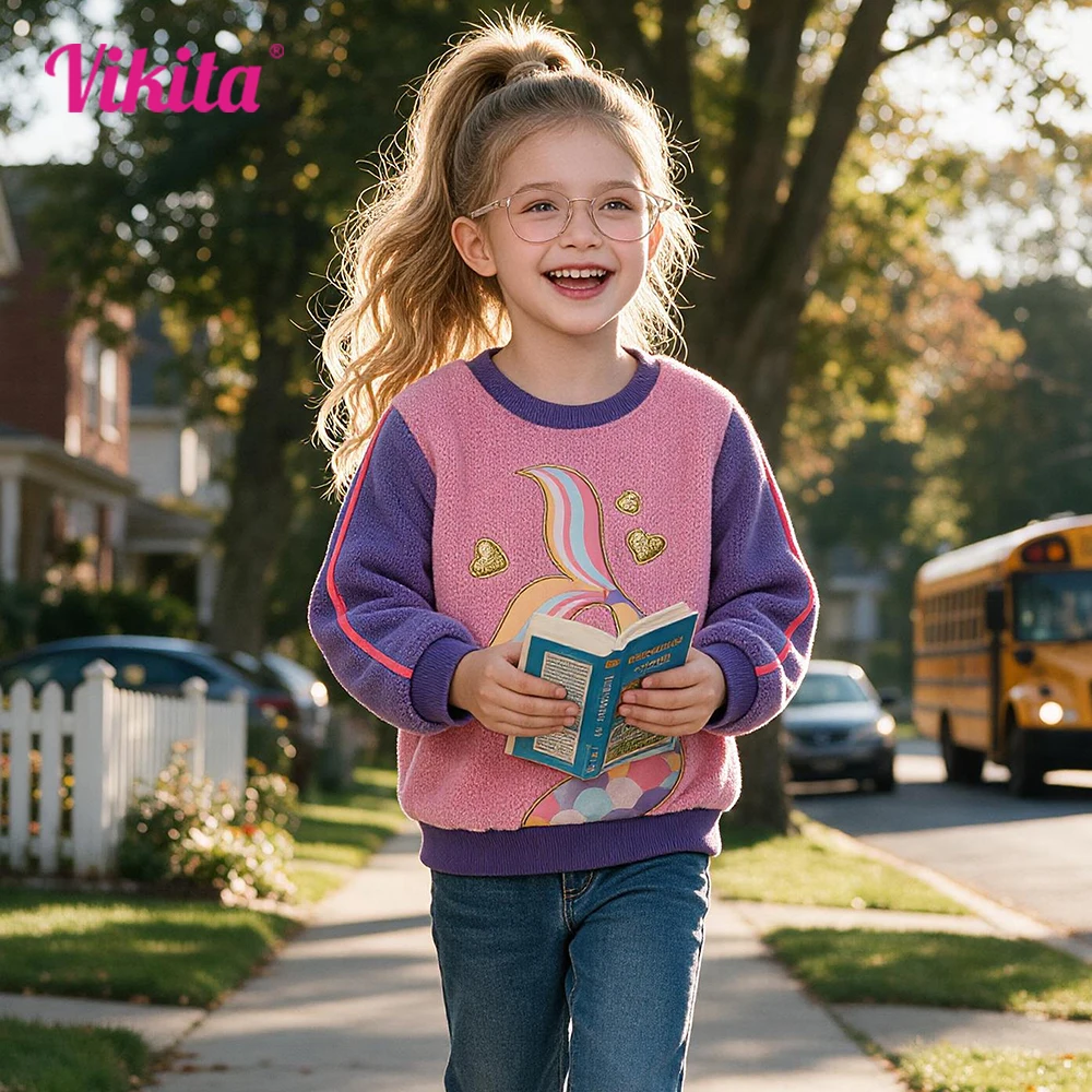 VIKITA Toddlers Fleece Sweatshirt Kids Fuzzy Warm Mermaid Tail Pullover Kids Color Block Fall Winter Spring School Casual Outfit