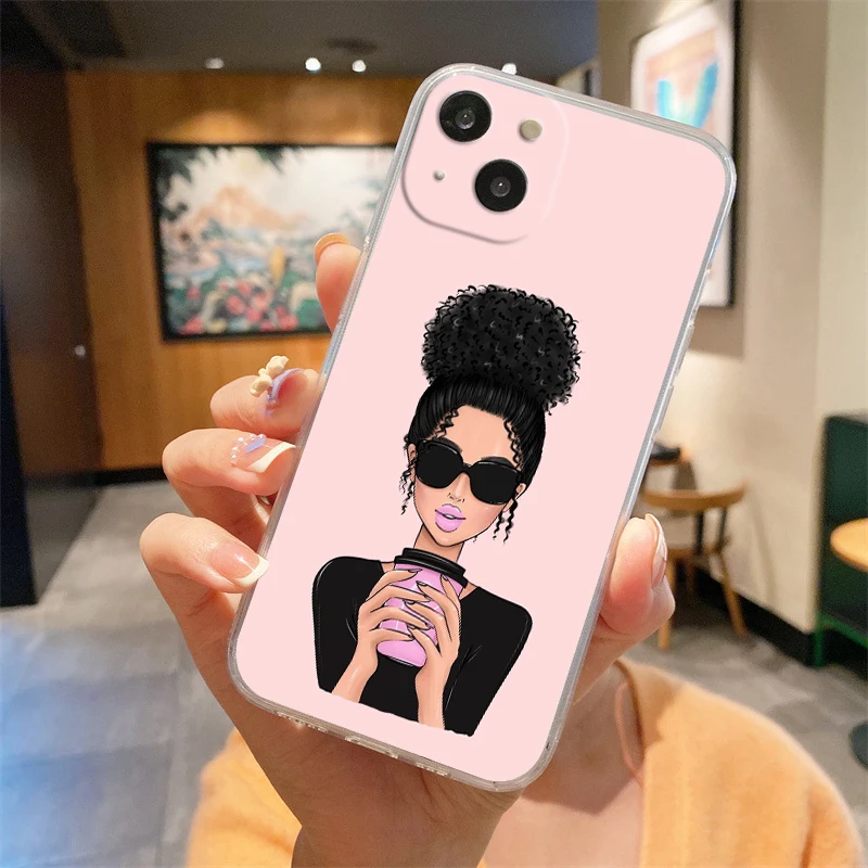 حافظة لهاتف آيفون 16E 15 16 14 13 12 11 Pro Max XS Max 7 8 16 Plus SE2 غطاء شفاف من البولي يوريثان الناعم فتاة بوس أنثى القهوة