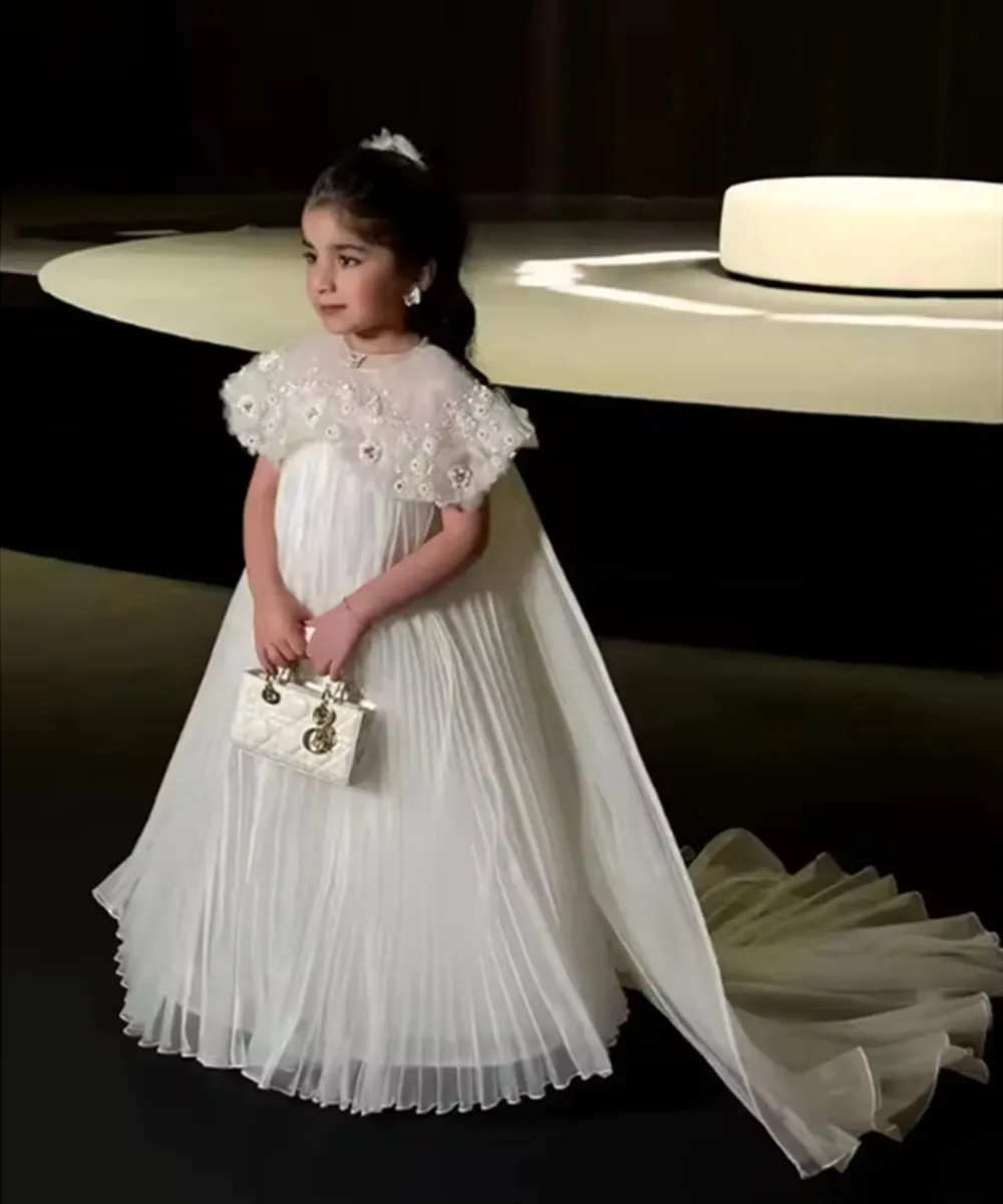 Gaun Gadis Bunga Elegan untuk Pernikahan Applique Bunga Panjang Selantai Gaun Komuni Pertama Pesta Ulang Tahun Putri Disesuaikan