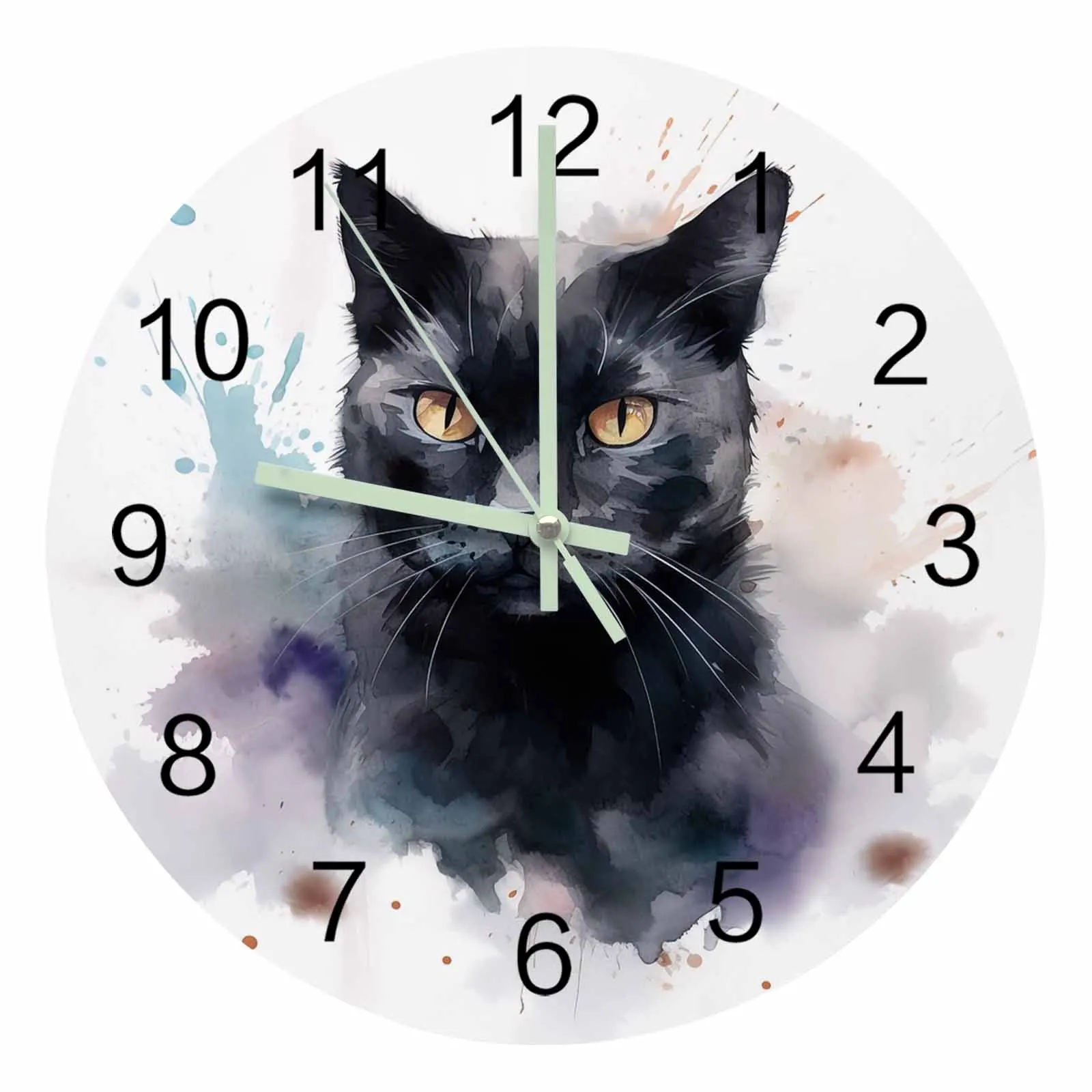 

Animal Cat Watercolor Luminous Pointer Wall Clock Home Ornaments Round Silent Clock Living Room Bedroom Office Wall Decor