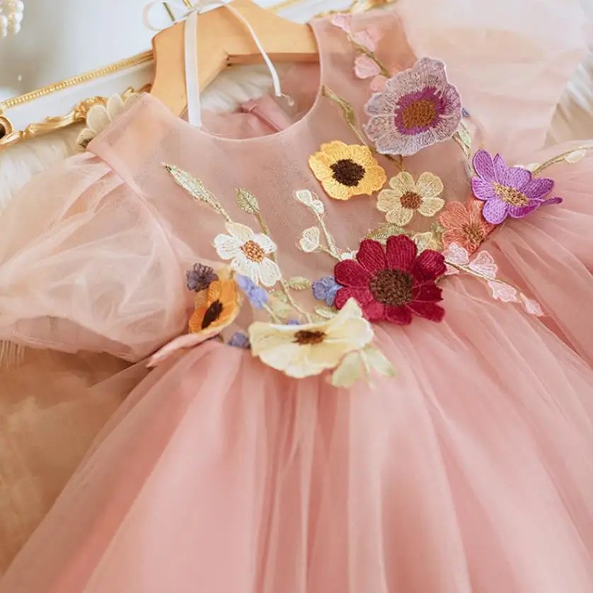 Kids Clothes New Children Princess Pink Ball Gown Bow Appliques Design Birthday Baptism Party Easter Dresses For Girls A3689