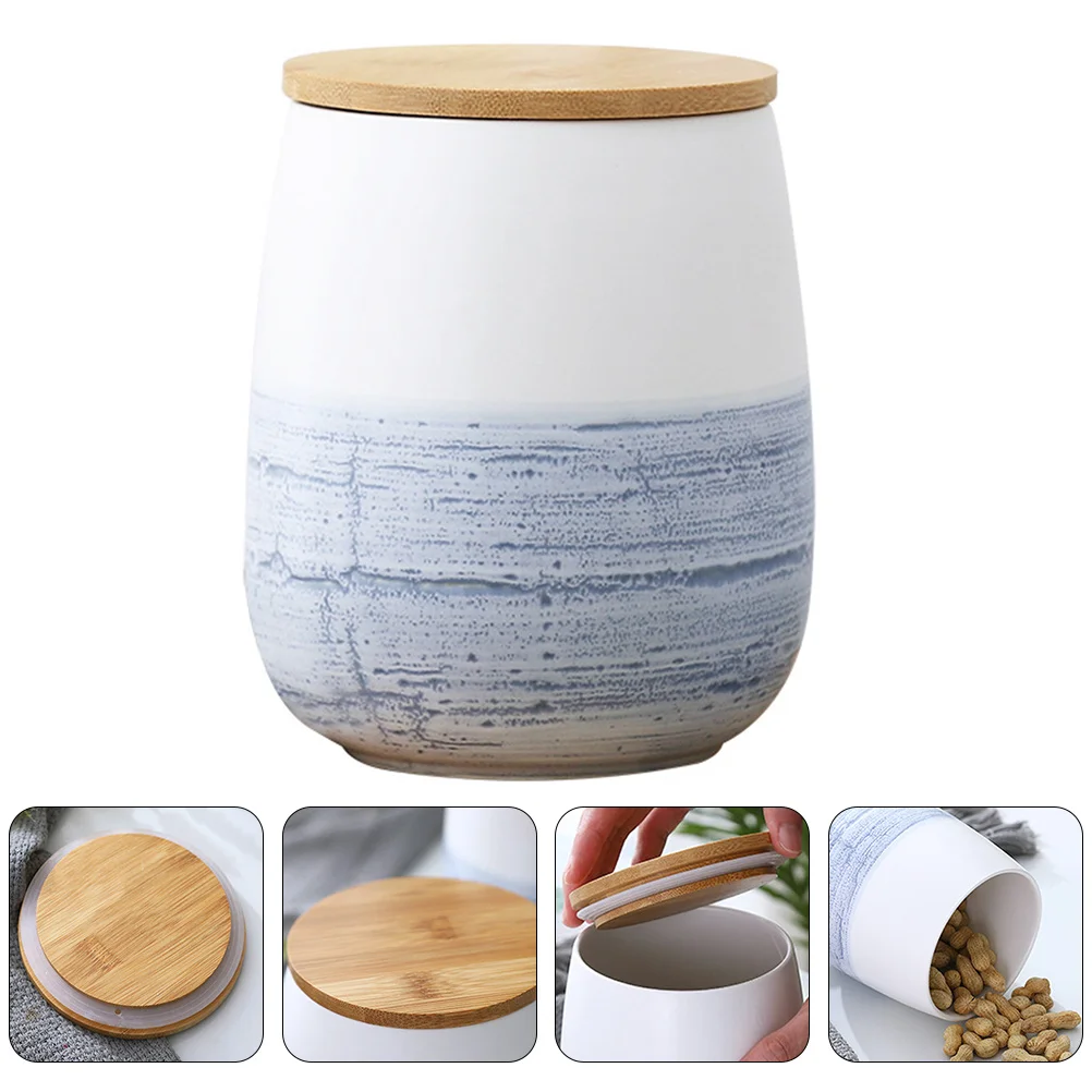 

Ceramic Candy Jar Large Size Kitchen Food Storage Container Sealed Pot For Household Coarse Cereals Wooden Cover Ceramic Storage