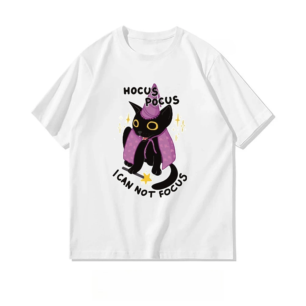 Funny ADHD Cat Hocus Pocus I Can Not Focus ClassicT-Shirt Woman Man Casual Cotton Graphic T Shirts Streetwear O-neck Shirt