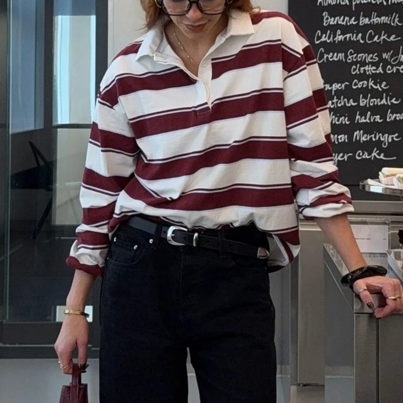 المرأة مخطط الرجبي Pol o قميص المتضخم خمر كم طويل البلوز قمم بلوزات Preppy