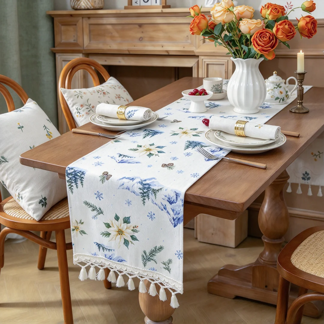 2026 New Xmas Signal layer Christmas Table Runner with Cotton Tassels Winter Snowflake Pine Tree Poinsettia Print Table Runner