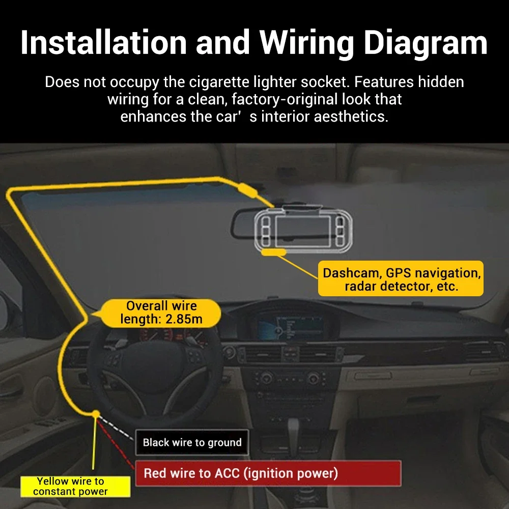 Car DVR ACC Power Cable For Dash Cam 285cm Type-C Power Line For Video Recorder Car Camera Power Wire Connect to Fuse Box