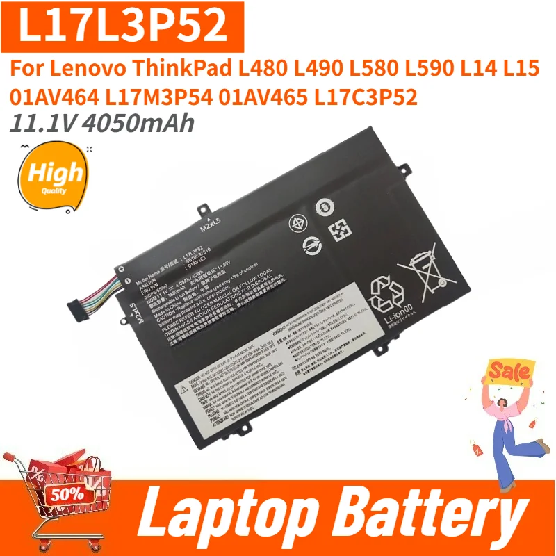 New High Quality L17L3P52 Laptop Battery 11.1V 4050mAh For Lenovo ThinkPad L14 L15 L480 L490 L580 L590 Series L17M3P54 01AV463