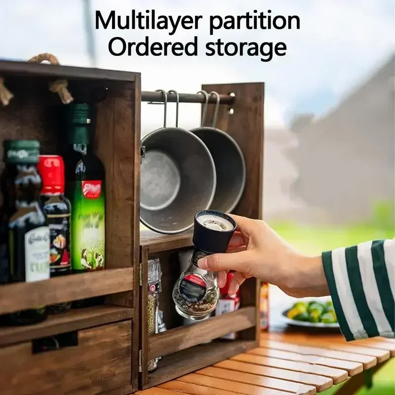 Multi Layer Large Foldable Condiment Camping Long - Grill Caddy lasting Foldable Wooden Picnic Box For Condiments Flatware Paper