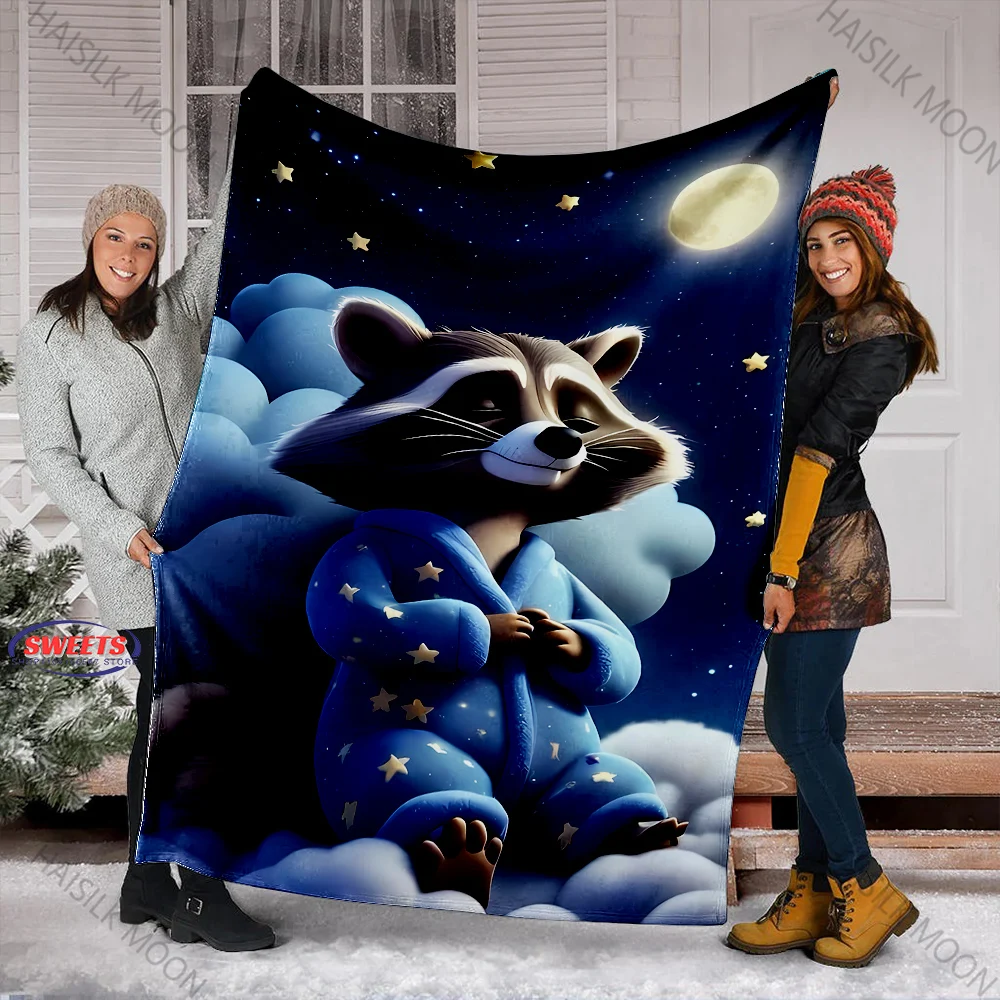 New! Super Soft Cute Raccoon Pattern Pet Blanket Flannel Throw for Bedroom Living Room Sofa Children Adult Blanket Great Gift