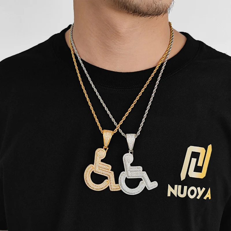 Hip Hop 3A+ CZ Stone Paved Bling Iced Out Disability Sign Wheelchair Pendants Necklace for Men Rapper Jewelry Gold Silver Color