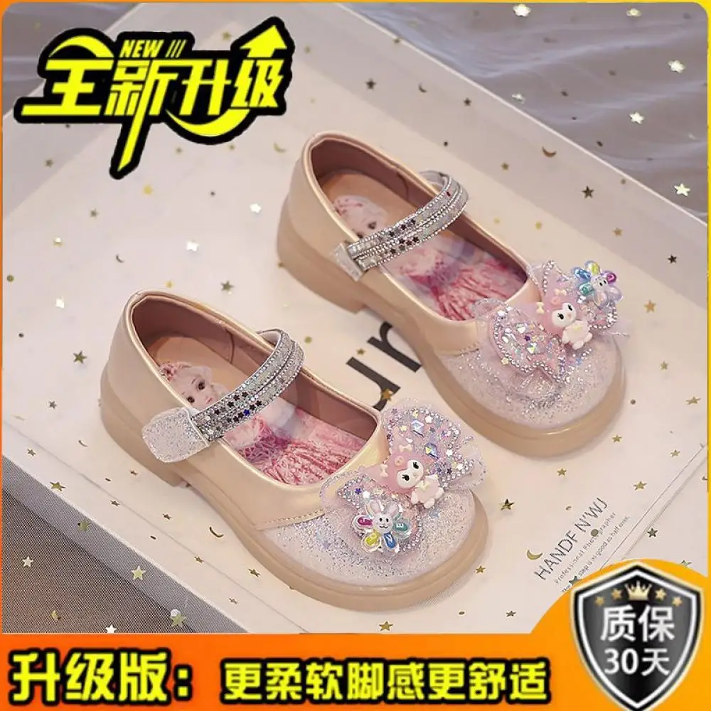 Kuromi Girls Flat Shoes Sanrio Spring New Anime Cartoon Kids Princess Leather Shoes Shiny Sequins Kawaii Childrens Crystal Shoes