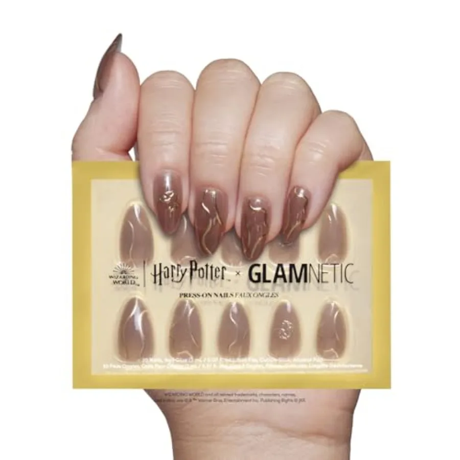 

x Press On Nails Golden Cup Полупрозрачные коричневые 3D-графические короткие миндалевидные накладные ногти Многоразовые накладные ногти с клеем f