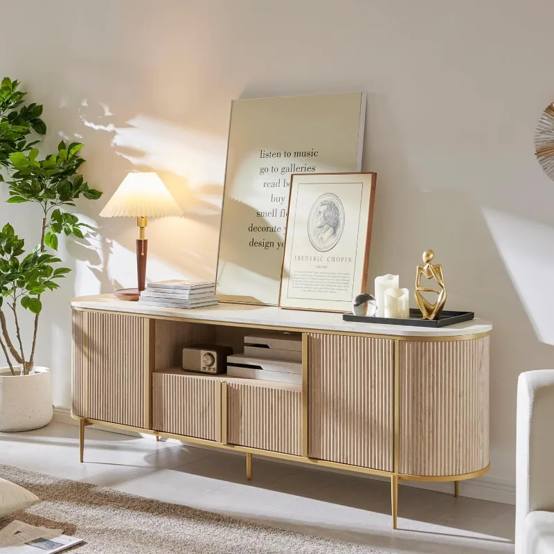 럭셔리 70인치 플루트 TV 스탠드, 최대 80인치 TV용 모던 시크 엔터테인먼트 센터, 인조 대리석 상판 TV 콘솔, 곡선형