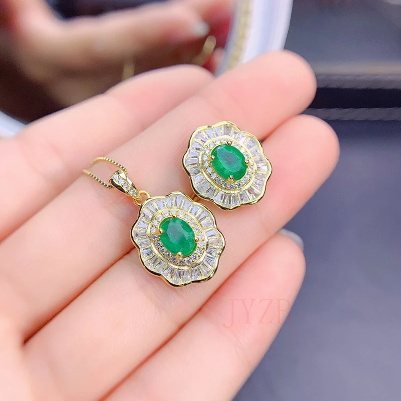 

Natural Emerald Set Women's Vintage 925 Sterling Silver Jewelry Brand Anniversary party gift Boutique jewelry