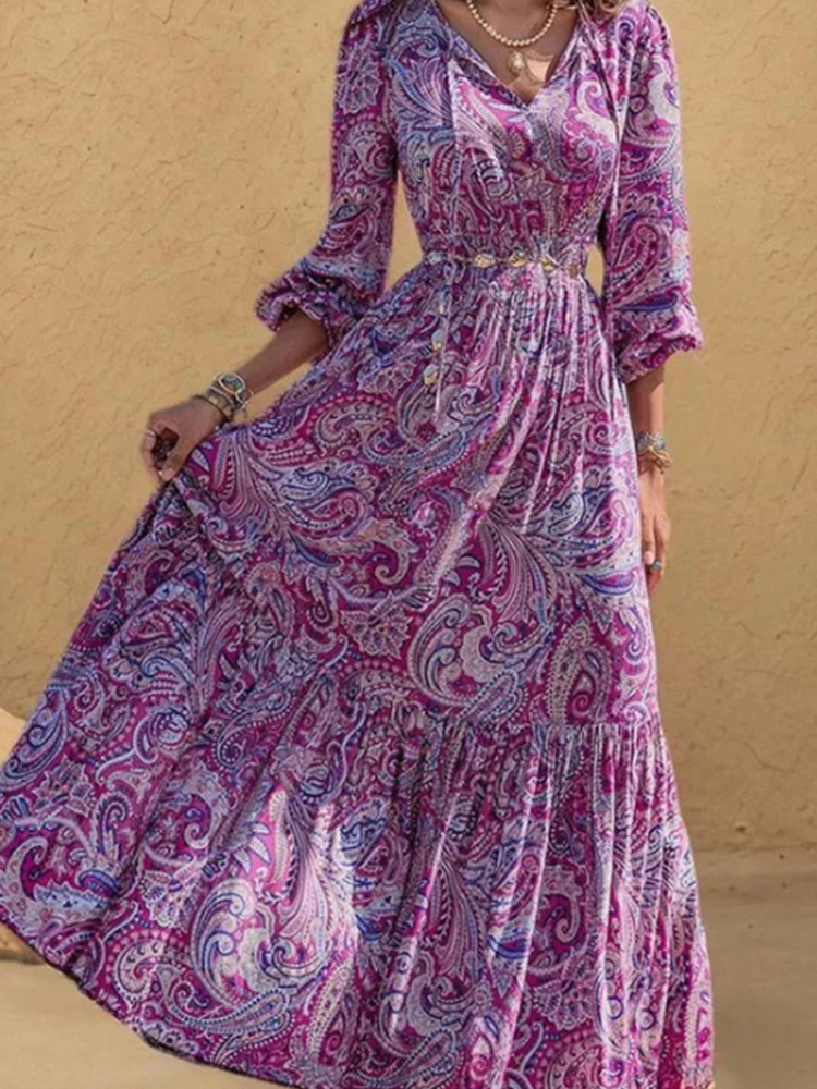 

Повседневное женское платье с высокой талией для отпуска, винтажное богемное платье макси с v-образным вырезом и v-образным вырезом, элегантное свободное плиссированное платье с длинными рукавами-фонариками