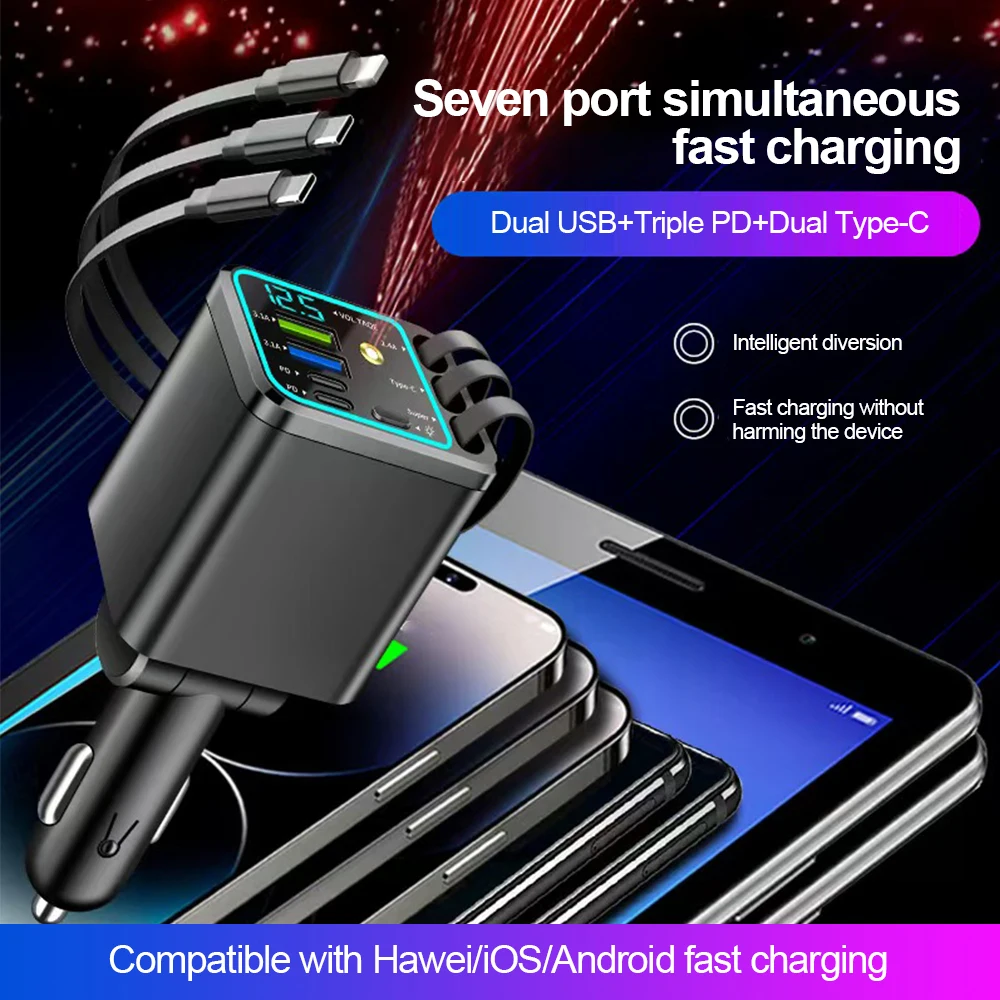 Neues 120W 7-in-1 einziehbares Schnell-Autoladegerät USB Typ-C Netzteil mit Dachsternlicht für iPhone Samsung Xiaomi Huawei