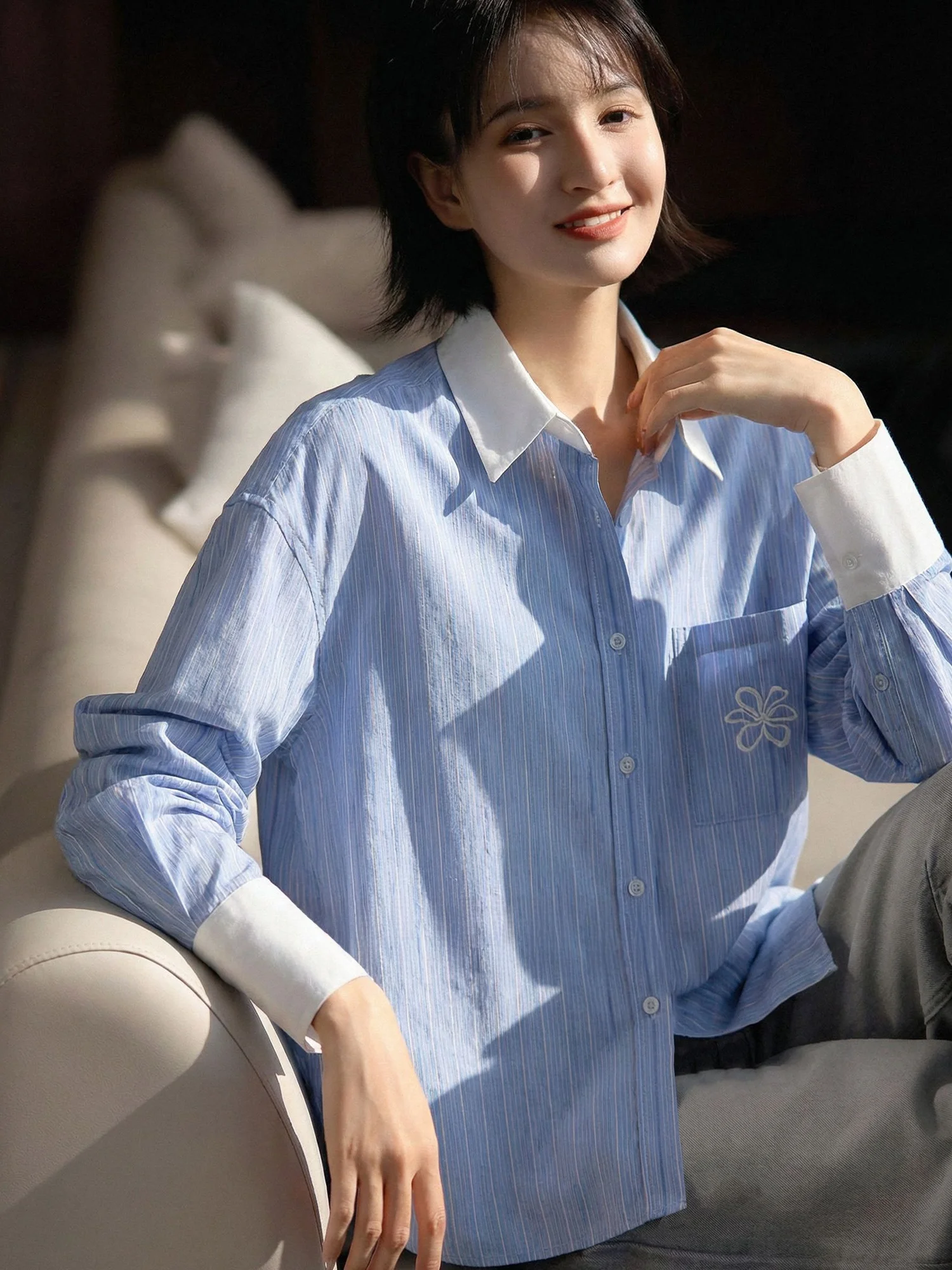 

Commuter Sle Striped Long Sve Pure Cotton Loose Blue irt Women's Spring Faion Casual Breathable Ne Button down