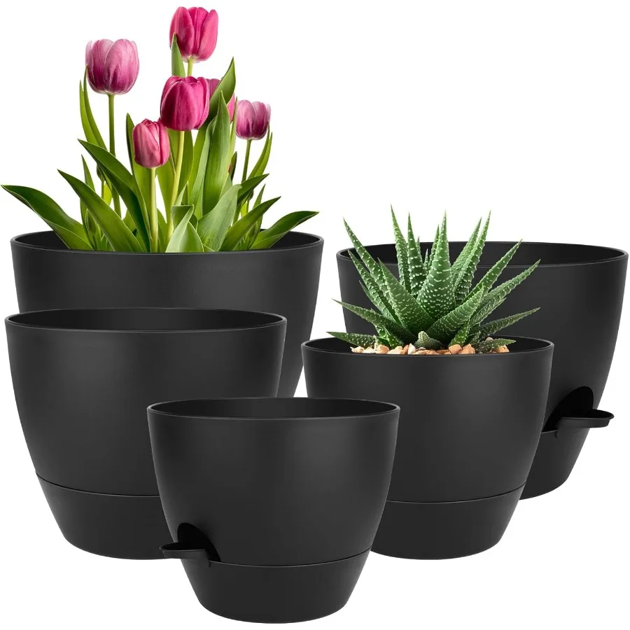 

Self Watering Plant Pots Set of 5 in 10 9 8 7.5 7 Inch Sizes with Drainage Holes and Saucers Plastic Flower Pots for Indoor and