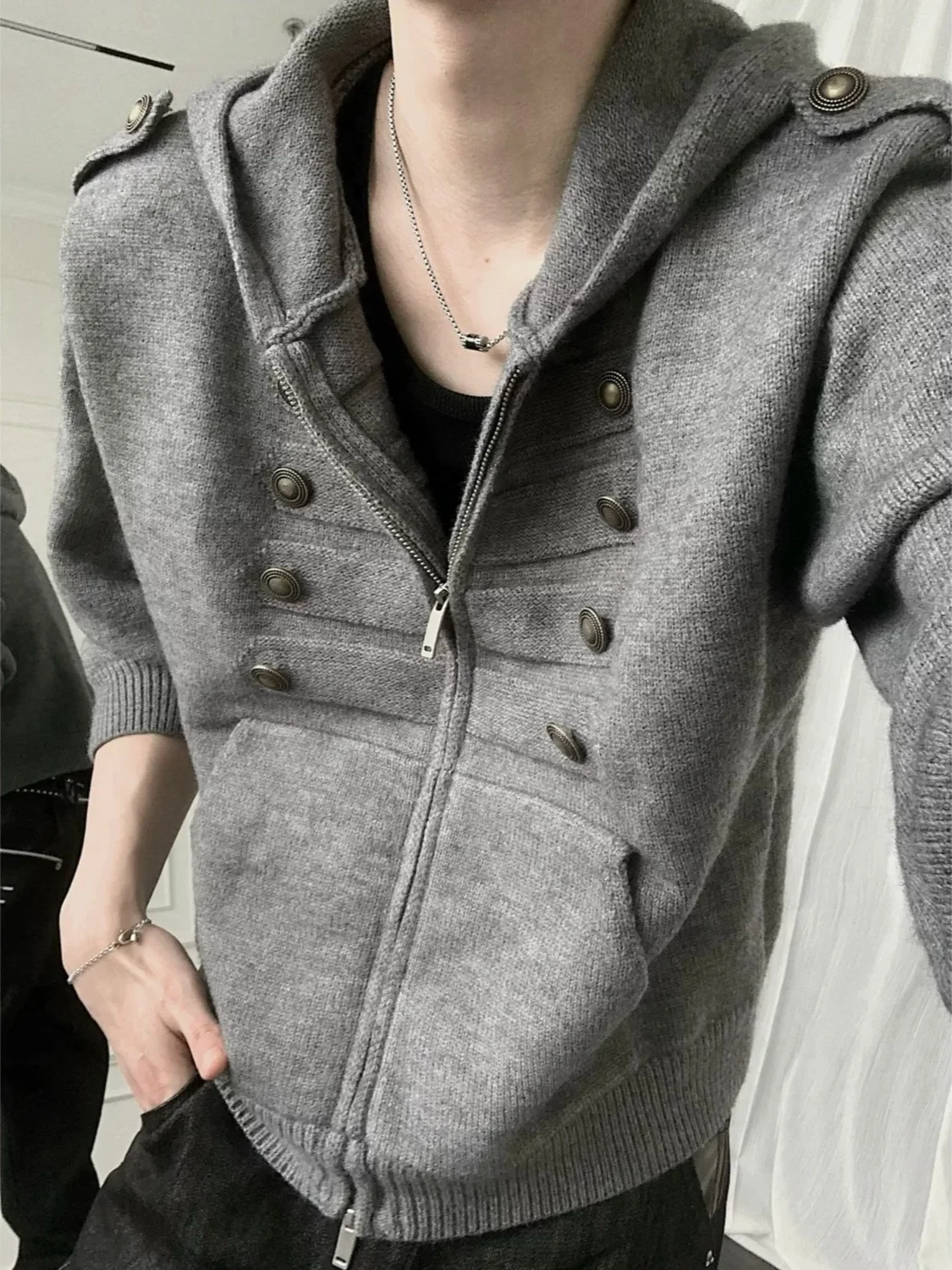 New autumn and winter retro Napoleon court style double row button shoulder patch hooded sweater, street niche trend unisex ins