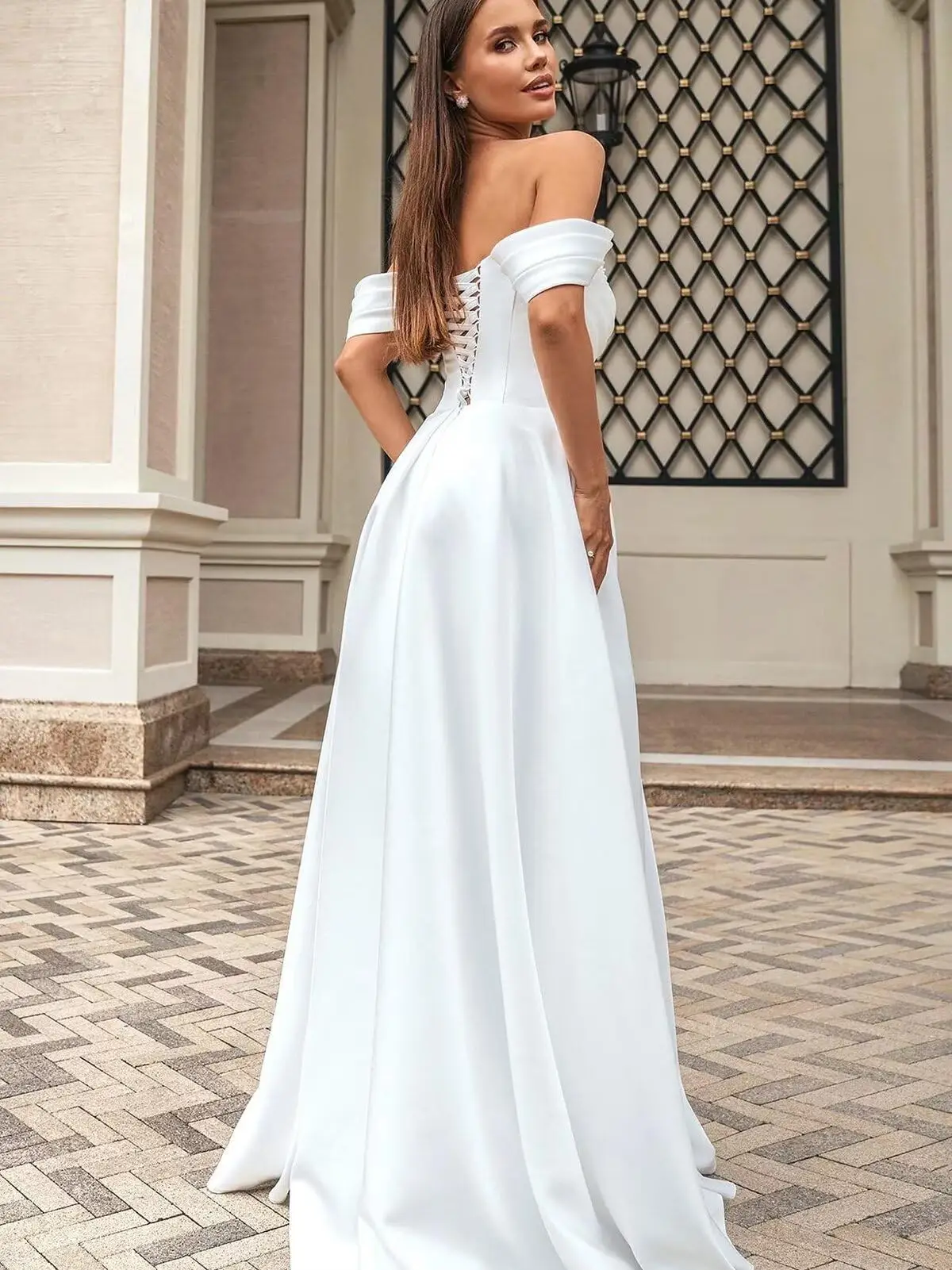 Vestidos de novia con hombros descubiertos, línea A, vestidos de baile fruncidos para mujer, vestido formal largo de satén