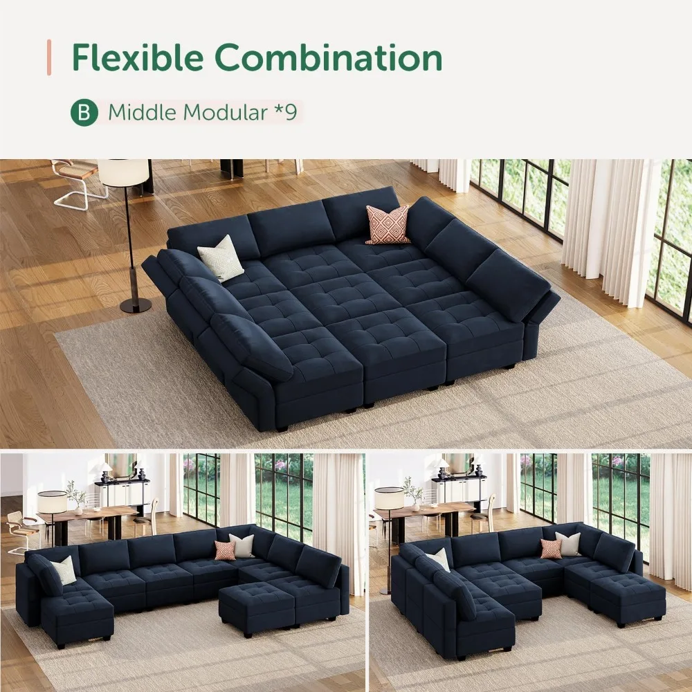 Sleeper Modular Sectional Sofa with Storage Velvet Sectional Couch for Living Room 9 Seater Modular Sectional Sofa Bed Blue