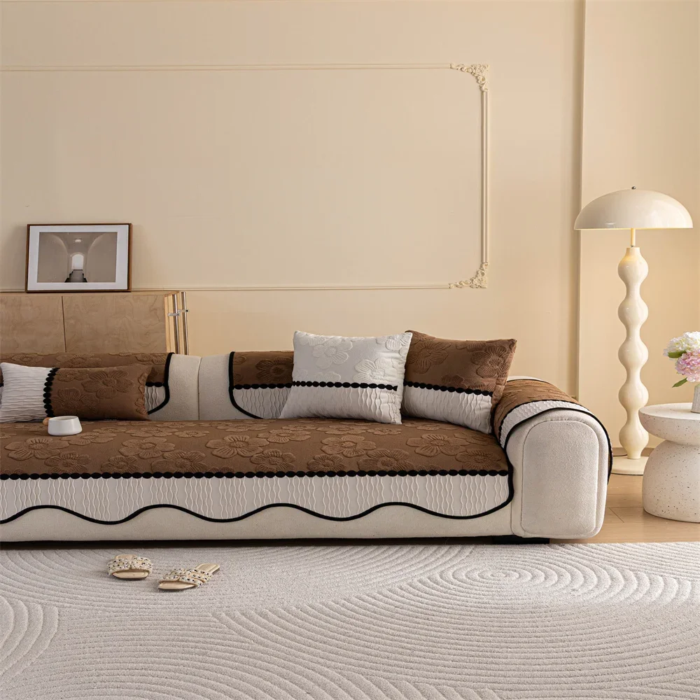 Retro Chenille Sofa Cushion Cover Universal Non-Slip Fixed Straight Row All-Seasons Slipcover for Home Comfort