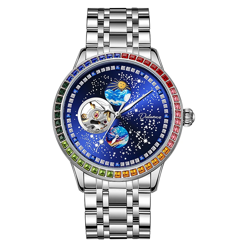 Dulunwe Top Luxury Brand Automatic Men Sports Watches Men's Rainbow Gemstone Bezel Mechanical Watch Male Relogio Masculino