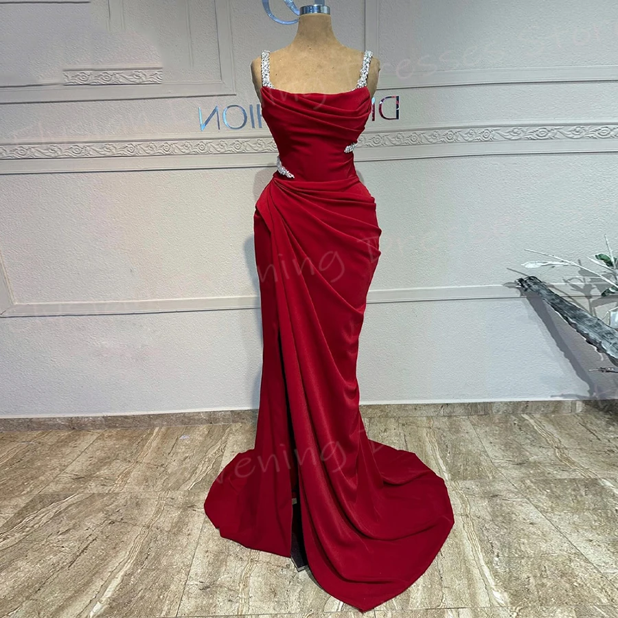 Elegant Red Women\'s Mermaid Evening Dresses Spaghetti Strap Prom Gowns Beaded Pleated Formal Party Customized Vestido De Noche