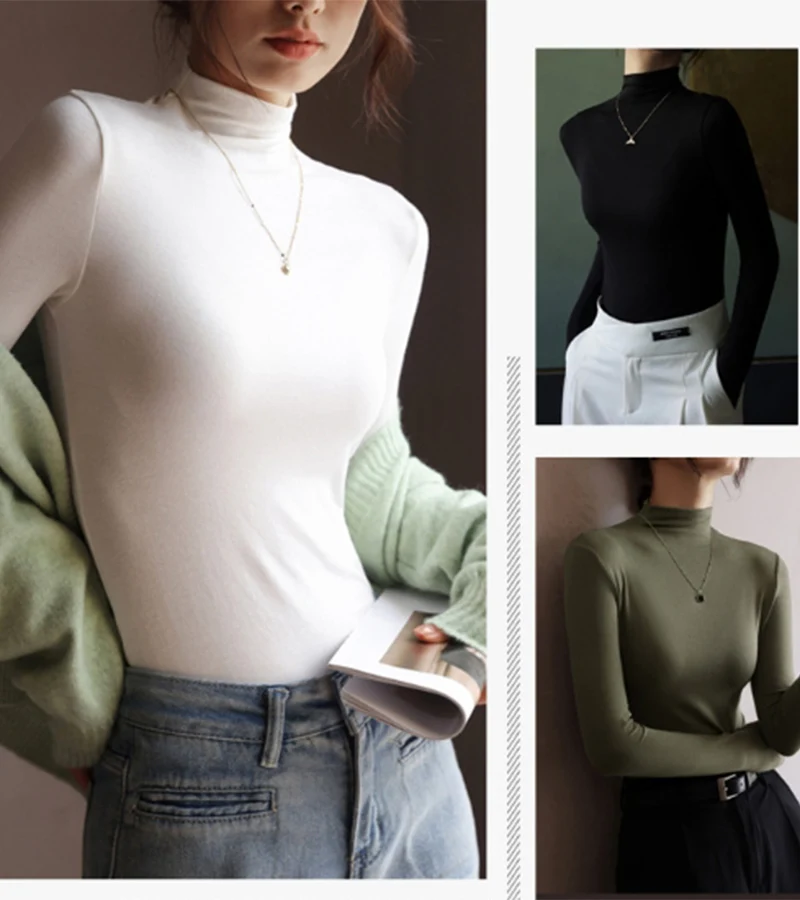 Frauen Solide Unterbekleidung Pullover Pullover Herbst Winter Casual Langarm Bodenbildung Tops Hohe Qualität Halb-Hohe Kragen Jumper – Detail 3